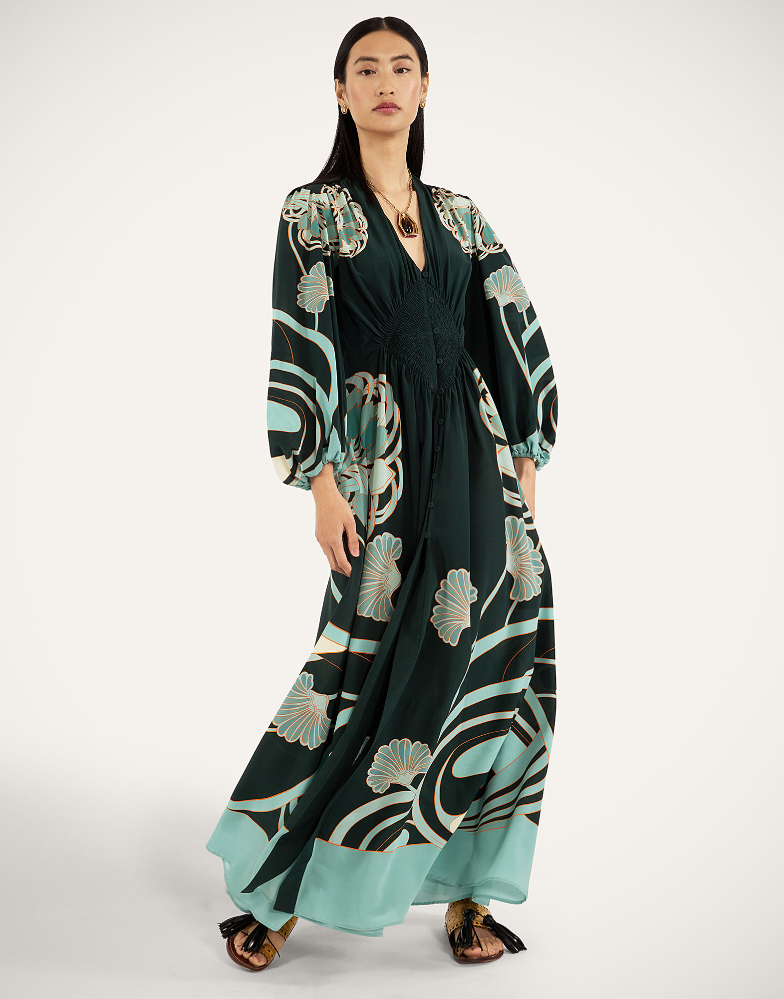 La DoubleJ Long Camerino Dress Blooming Tulip Plac&eacute;e Dark Green DRE0720CRE001BTU01GR03