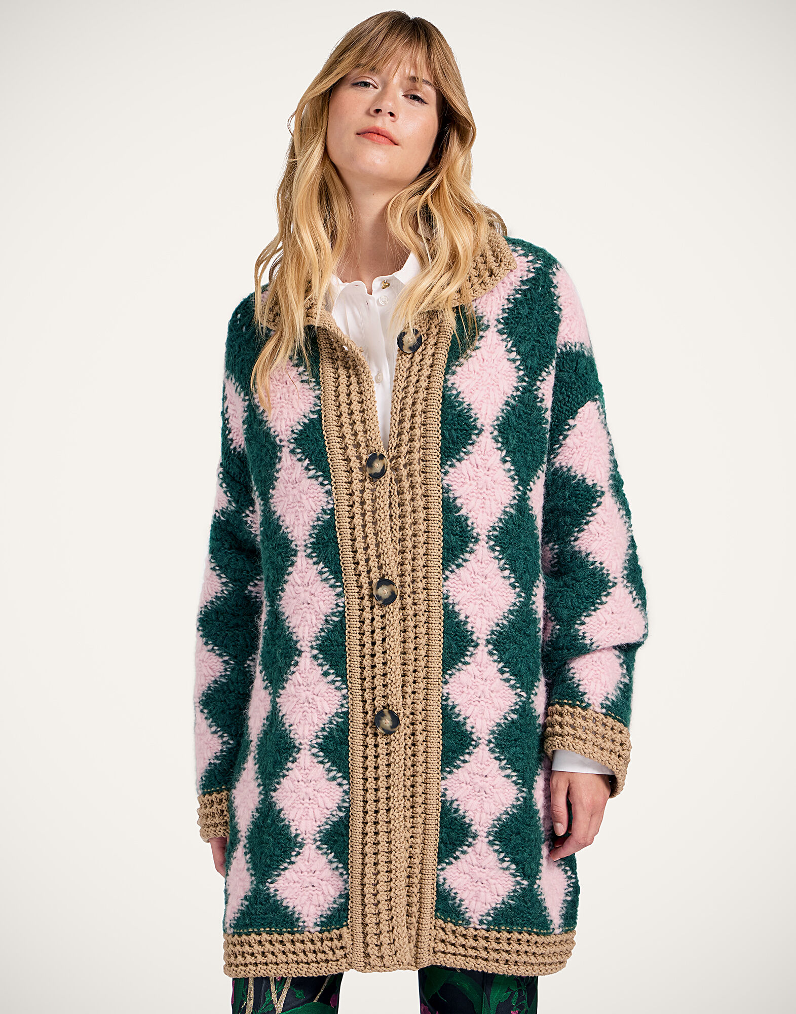 Crochet Bowling Cardigan in Multicolor Pink & Dark Green for Women