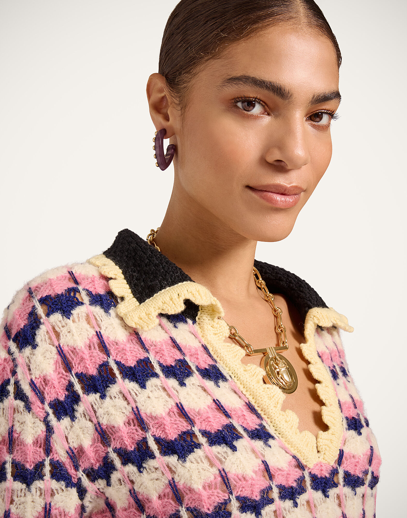 La DoubleJ Long Sleeves Picket Polo Shirt Multicolor Pink & White PUL0293KNI168VA409PI01