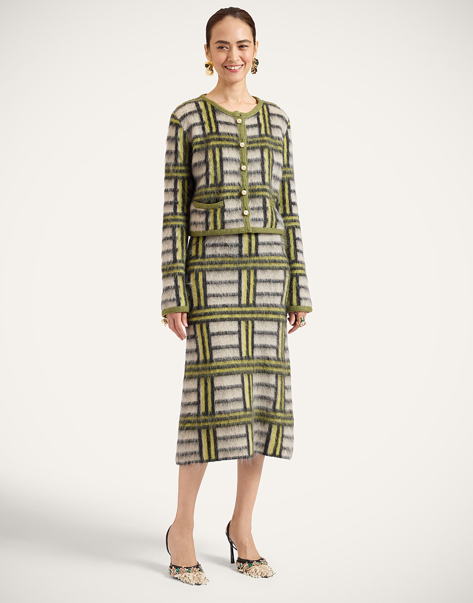 La DoubleJ All-In Skirt Kells Check Ecru, Light Green, and Black SKI0134KNI220VA519BR05