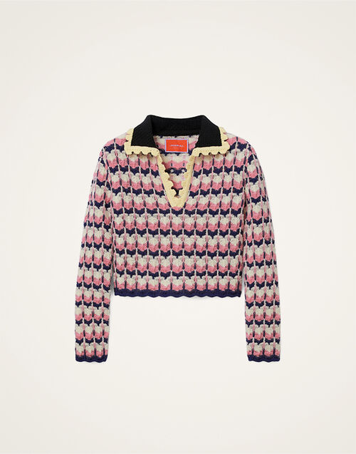 La DoubleJ Long Sleeves Picket Polo Shirt Multicolor Pink & White PUL0293KNI168VA409PI01