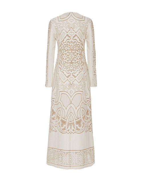 white embroidered dress long sleeve FARM Rio Off-White Embroidered Crew Neck Long Sleeve Maxi Dress, Off-White / XXS