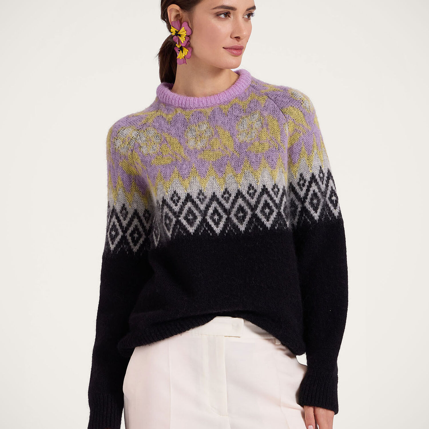 La Doublej Slope Fair Isle Sweater In Black In Black & Lilac