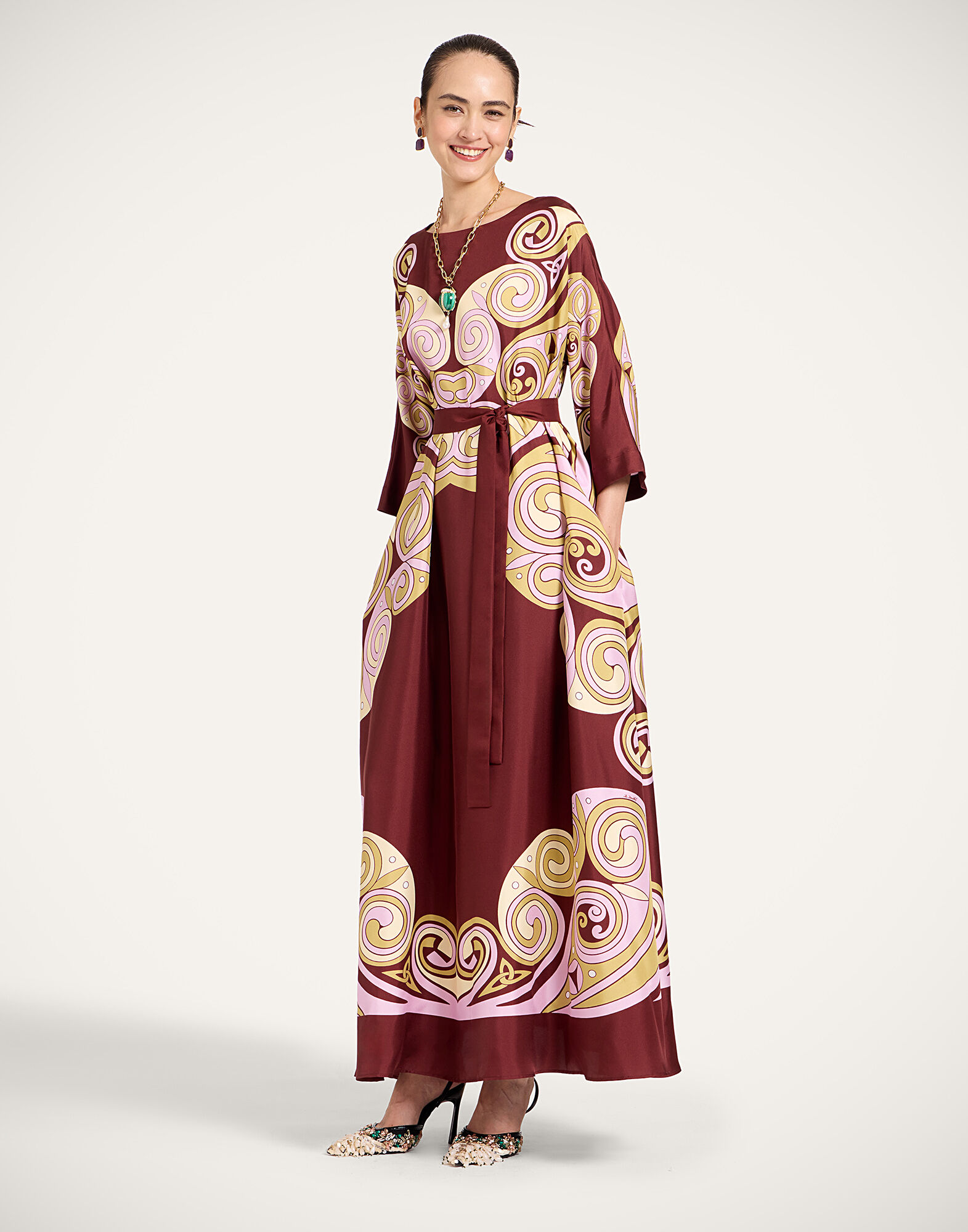 La DoubleJ Muumuu Dress Round Neck Kells Swirl Plac&eacute;e Burgundy DRE0574SIL006KLS01RE07